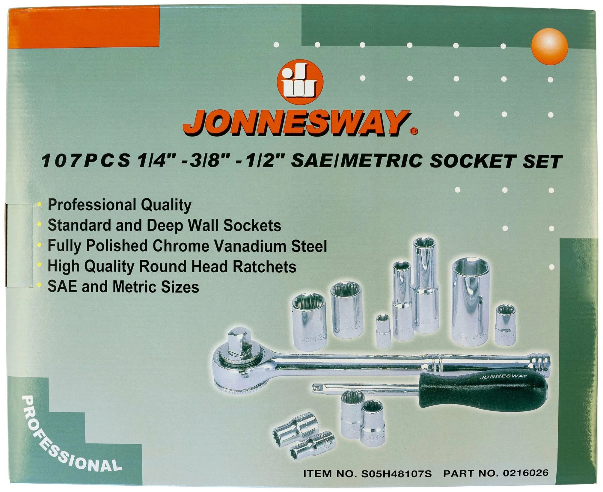 Универсальный набор инструмента 1/4", 3/8" и 1/2"DR Jonnesway S05H48107S, 107 штук - фото